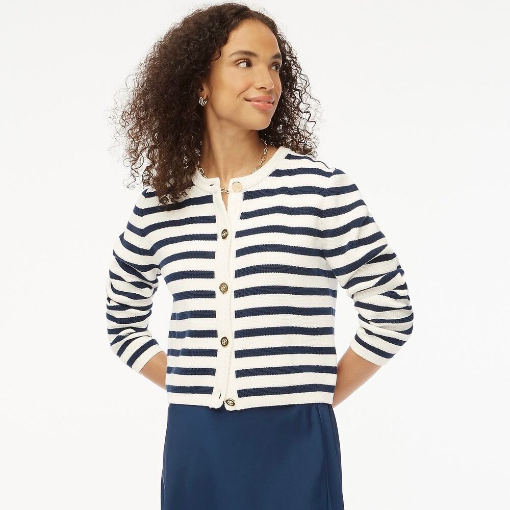 NWT J. Crew Factory Striped Cotton Cardigan Sweater Ivory Navy Stripe - Size: XL
